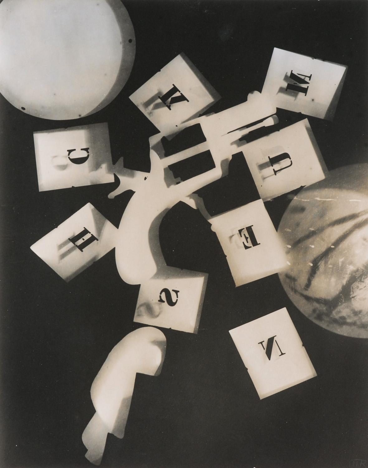 Man Ray, Untitled (Gun with Alphabet Squares), 1924, print 1966, silver gelatin print of a Rayograph. © Man Ray Trust, by SIAE 2014
